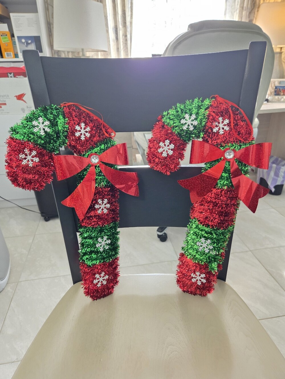 Holiday Tinsel Garland with Red & Green Candy Cane Accents -(2) Unbranded, EUC